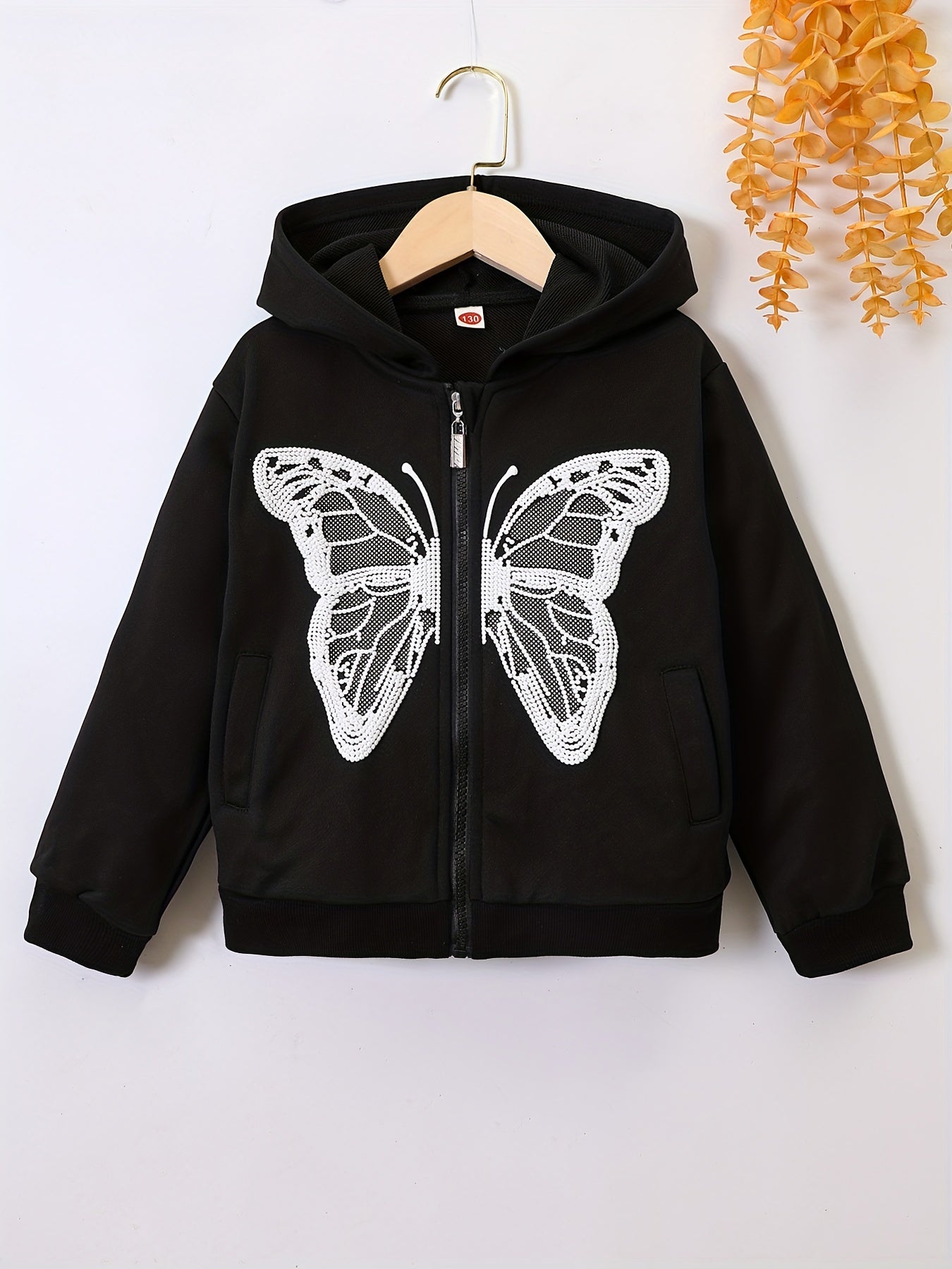 Girls Butterfly Print Zip Front Hoodie Sweatshirt Cardigan