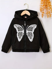 Girls Butterfly Print Zip Front Hoodie Sweatshirt Cardigan