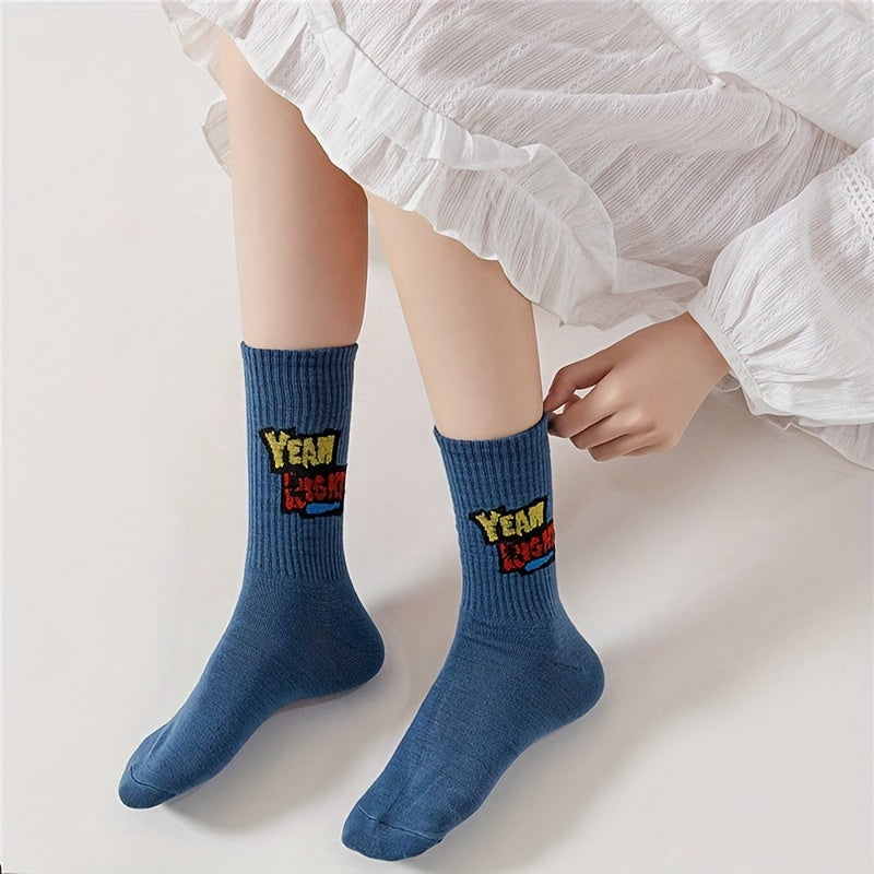 6 Pairs Letter Print Mid Tube Socks Comfy & Breathable Women's Stockings