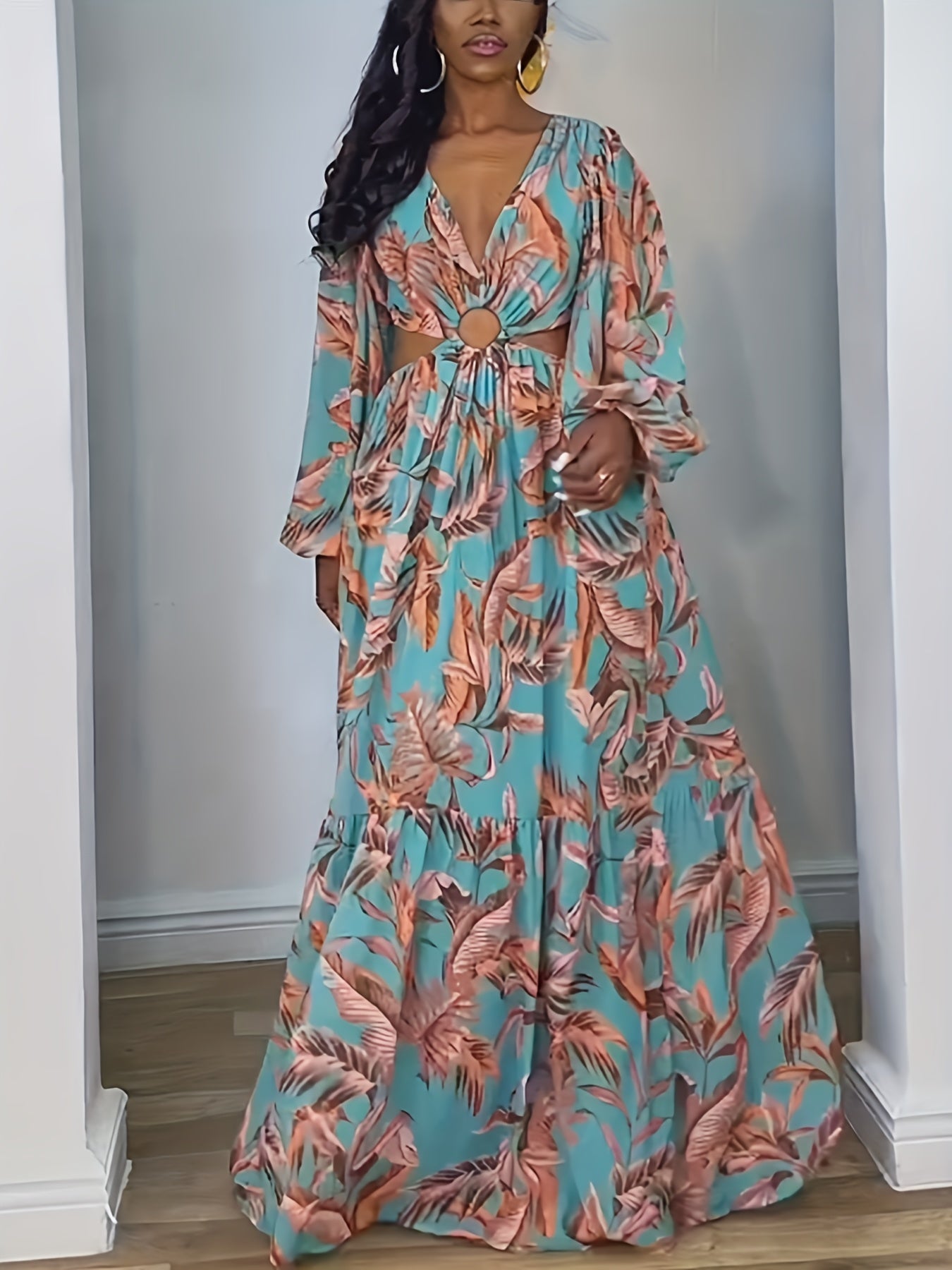  Women's Tropical Print Lantern Sleeve Maxi Dress