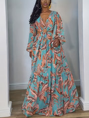  Women's Tropical Print Lantern Sleeve Maxi Dress