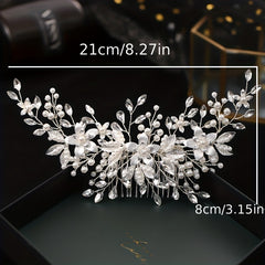 Crystal Silver Pearl Bridal Comb Floral Wedding Rhinestone Pearl Comb