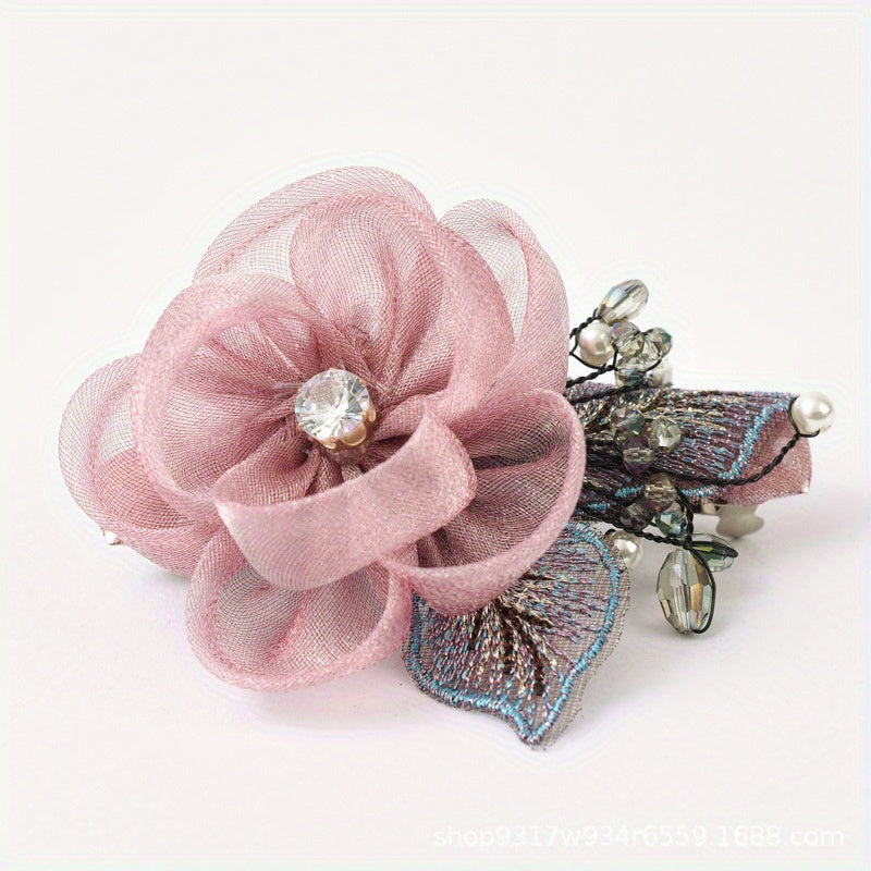 Rhinestone Floral Hair Clip Faux Pearl Wedding Headpiece