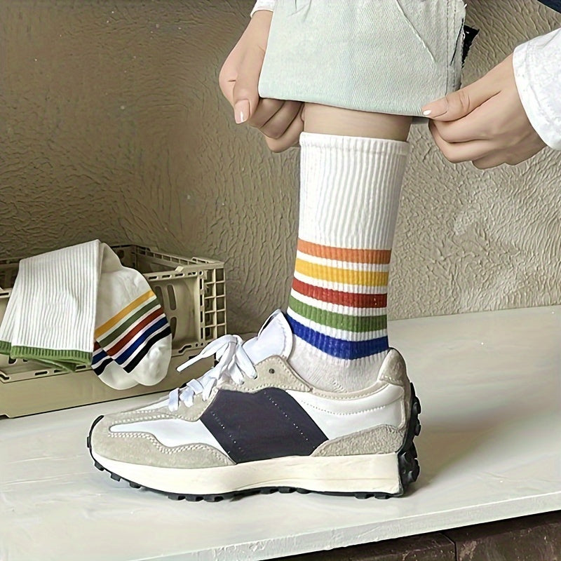 5 Pairs Rainbow Striped Socks Mid Tube Women's Stockings