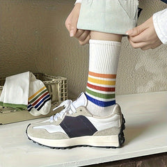 5 Pairs Rainbow Striped Socks Mid Tube Women's Stockings