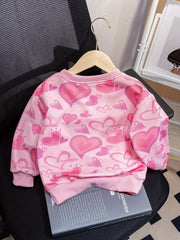Girls Valentines Heart Print Crew Neck Sweatshirt Long Sleeve Pullover Top