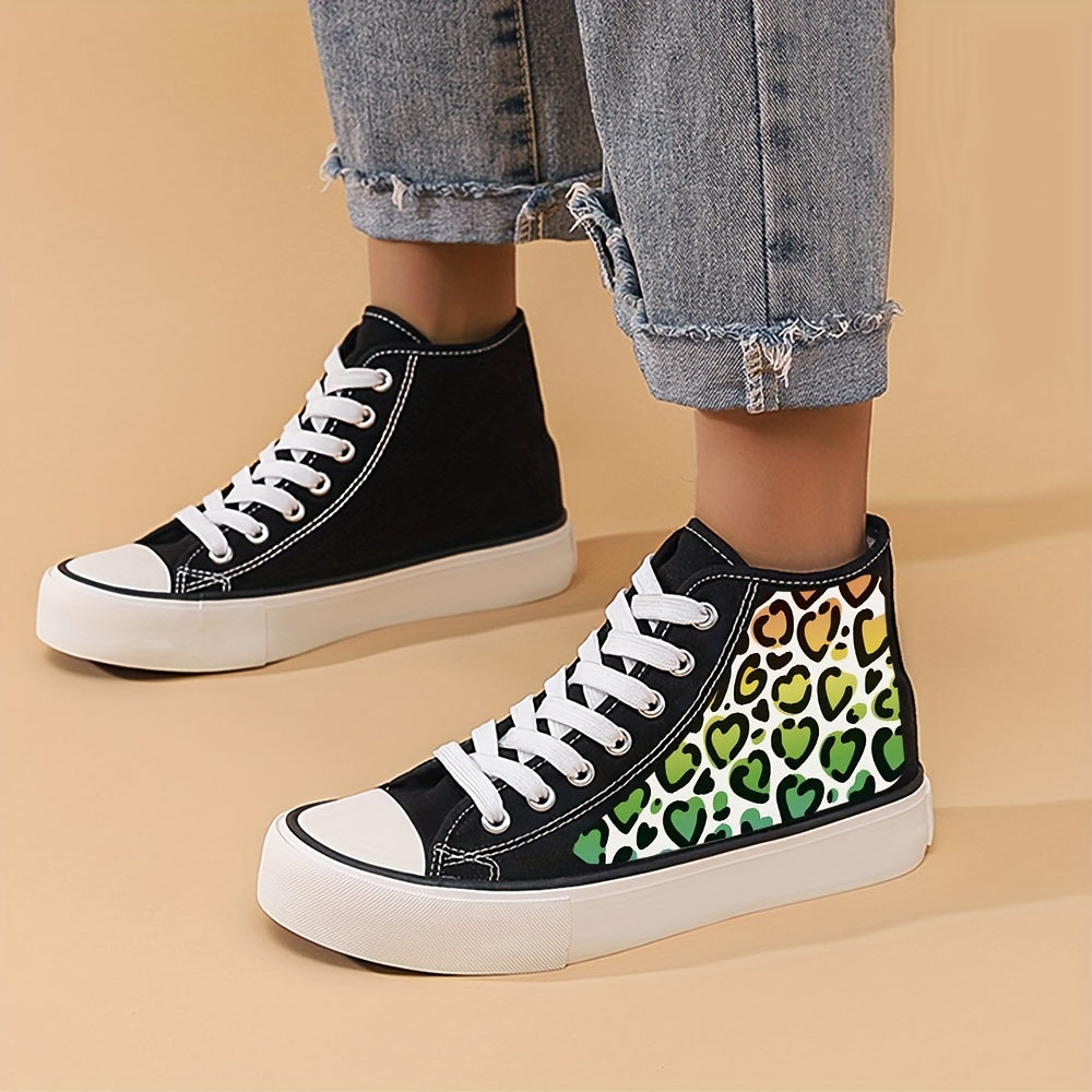 Heart Print Chunky Canvas Sneakers High Top Lace Up Casual Skate Shoes