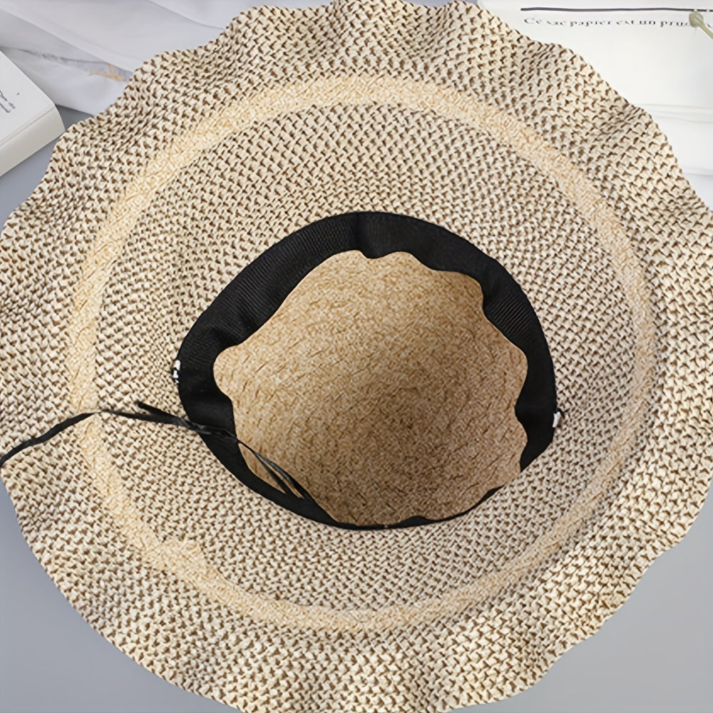 Ruffle Brim Sun Hat with Bowknot, Crochet Straw Beach Hat