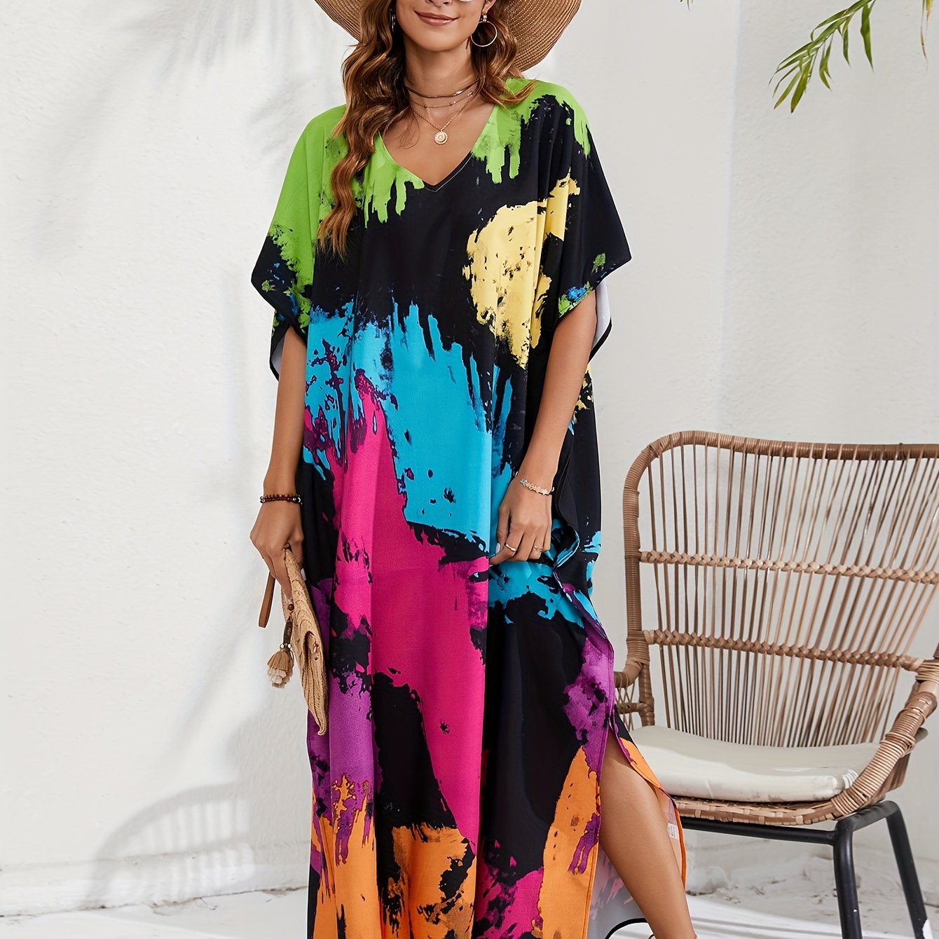  Tie Dye Batwing Sleeve Maxi Beach Cover Up Dress