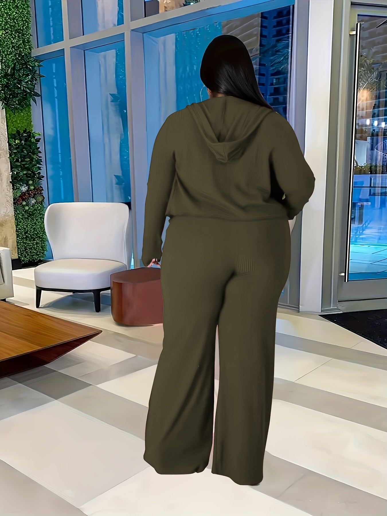  Solid Tube Top & Drawstring Hoodie & Wide Leg Pants Set