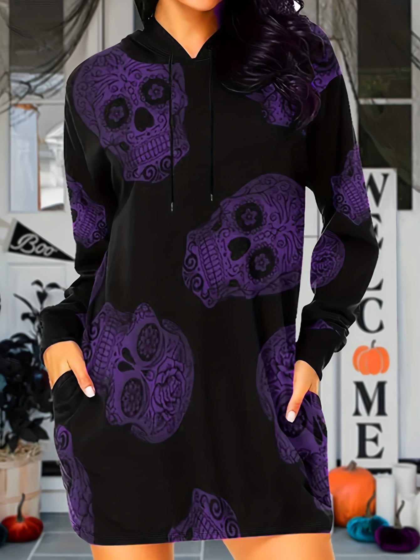  Gothic Skull Print Long Sleeve Dress