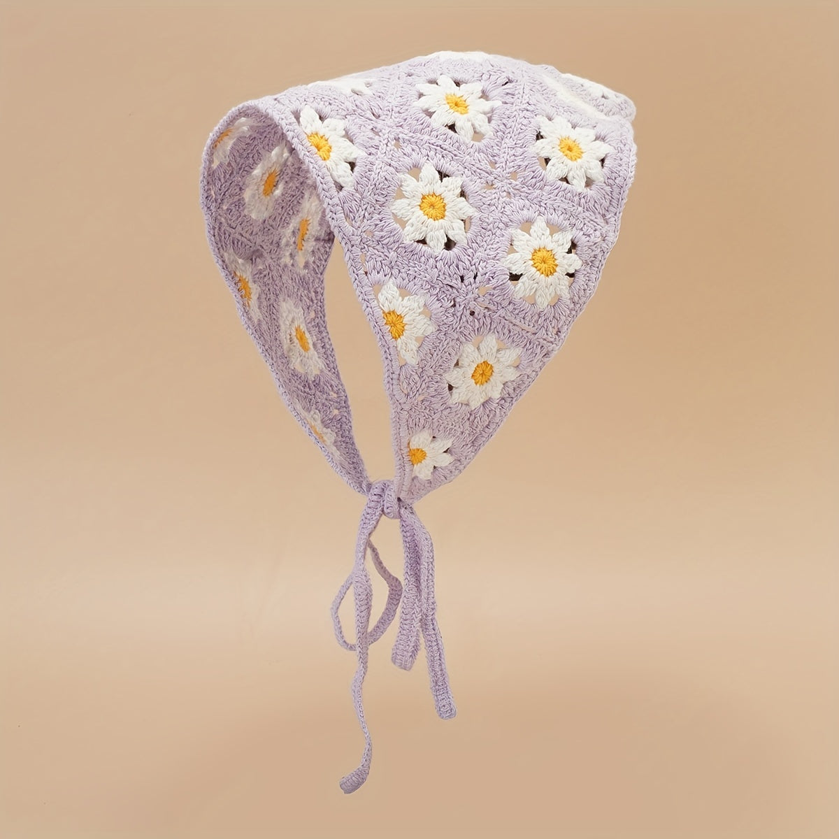 Daisy Flower Knitted Triangle Scarf Head Wrap Hollow Crochet Lace Up Turban Hat