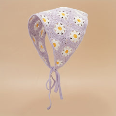 Daisy Flower Knitted Triangle Scarf Head Wrap Hollow Crochet Lace Up Turban Hat