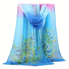 Flower Print Chiffon Scarf Iridescent Gradient Silk Thin Shawl