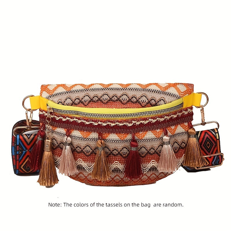 Ethnic Style Crossbody Bag Tassel Decor Canvas Chest Purse