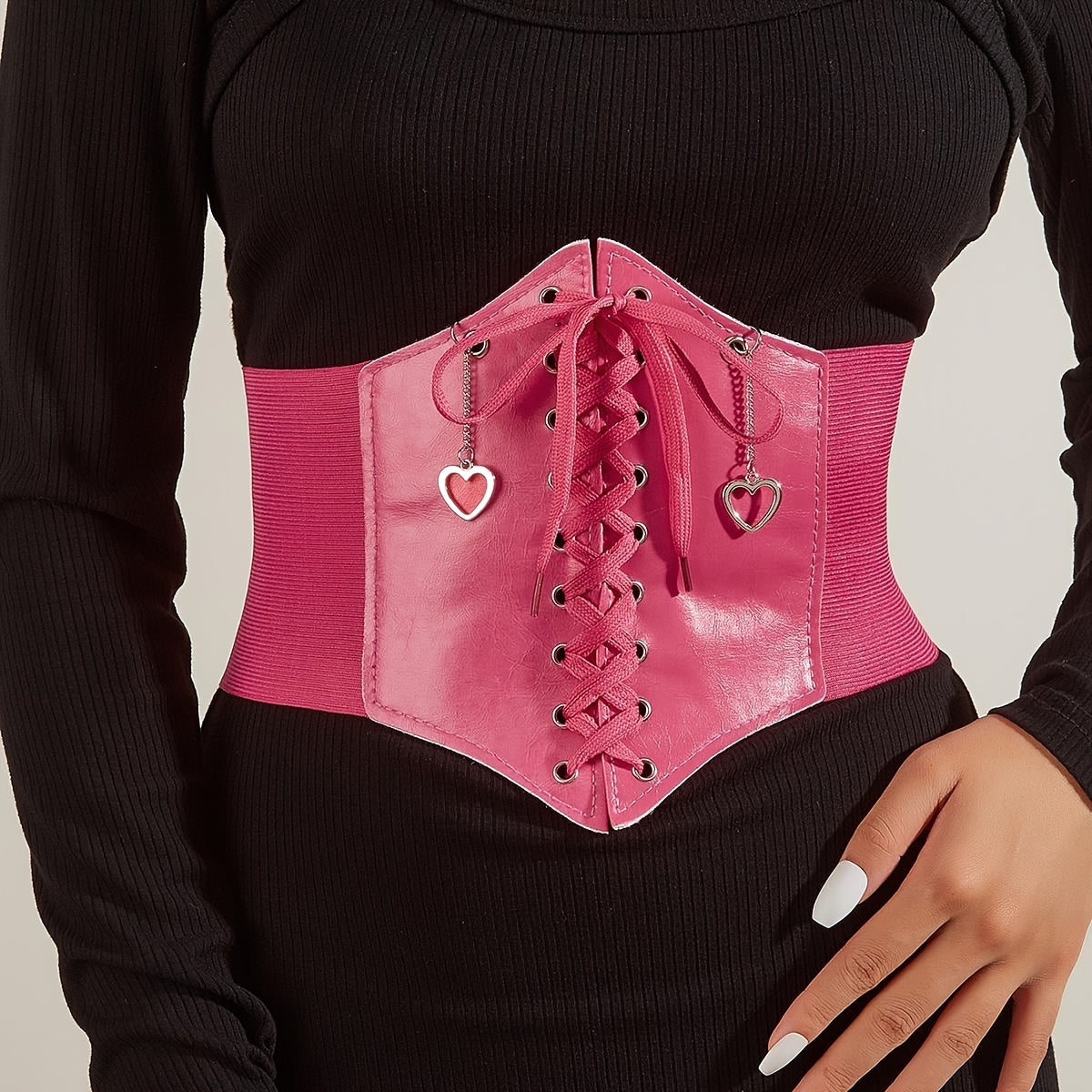 Love Pendant Lace Up Corset Belt Elastic Waistband Wide Belt