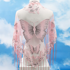 Triangle Scarf Butterfly Flower Embroidery Lace Tassel Shawl