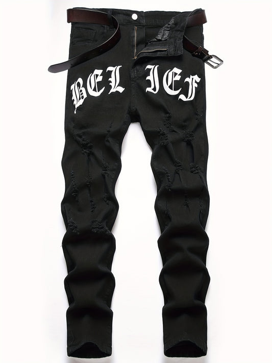 Distressed Slim Fit Biker Jeans Men's Casual Street Style Denim Pants