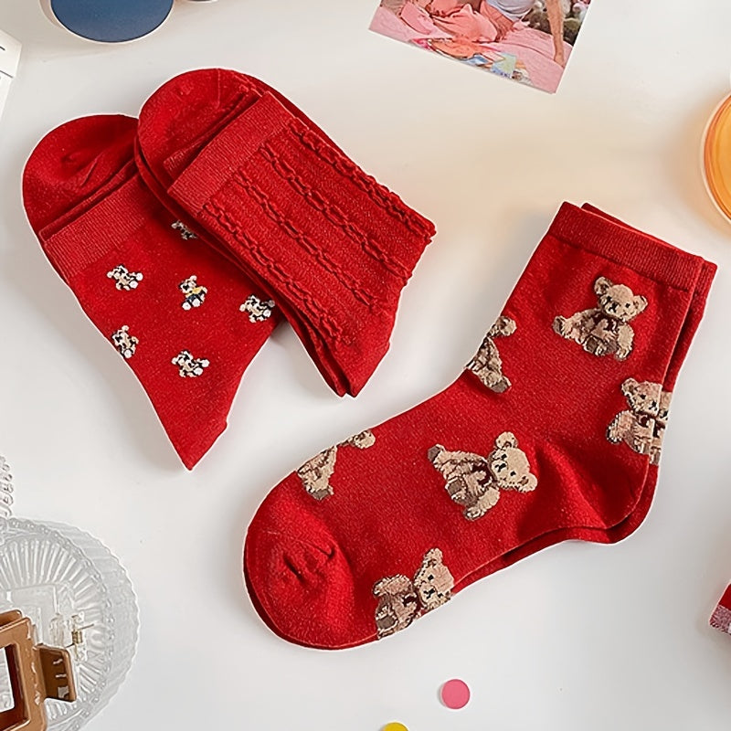 Teddy Bear Red Socks Comfy Mid Tube Women's Stockings
