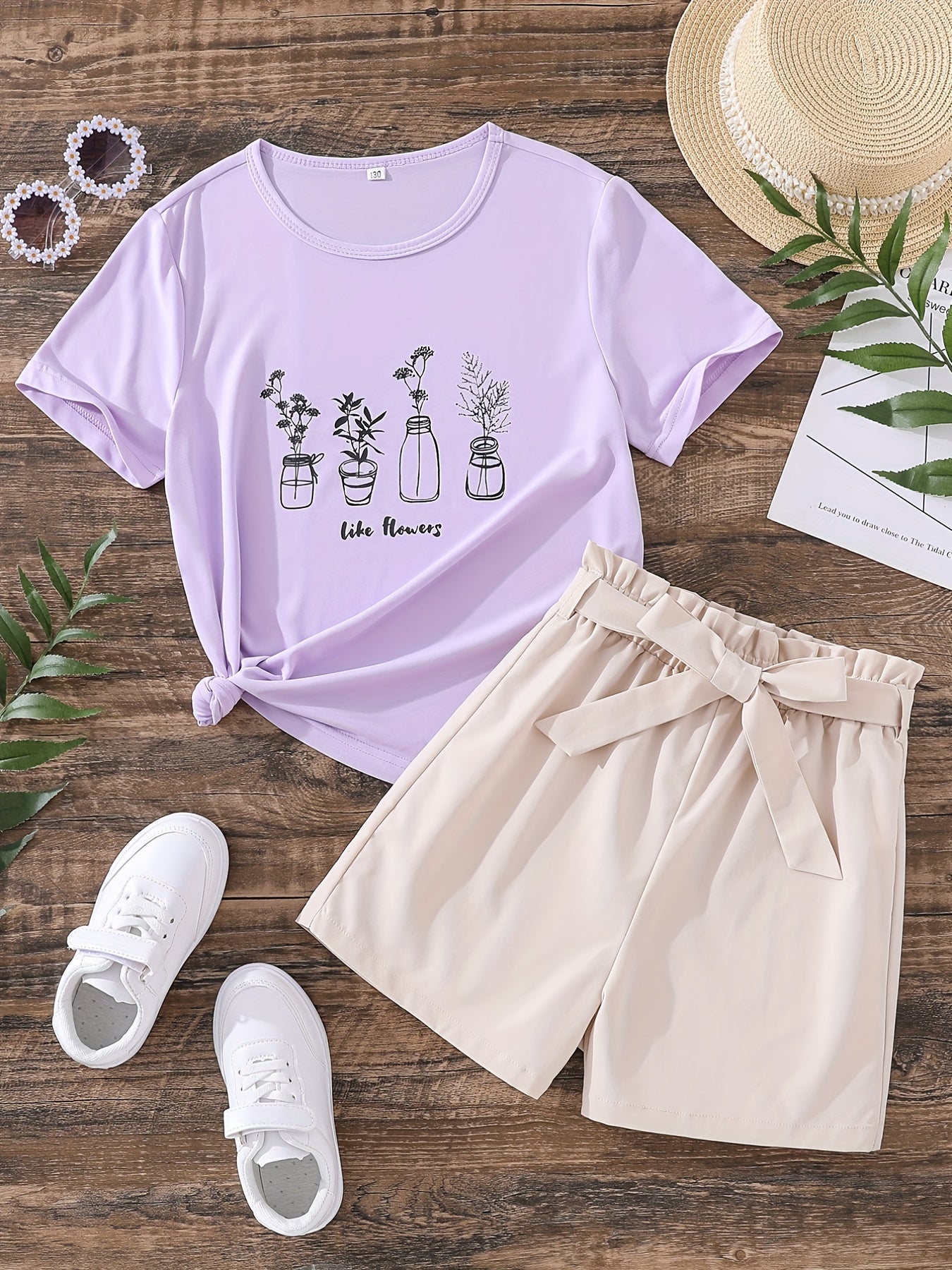 Girls Flowers Graphic Tee & Belted Shorts Set Summer Outfit