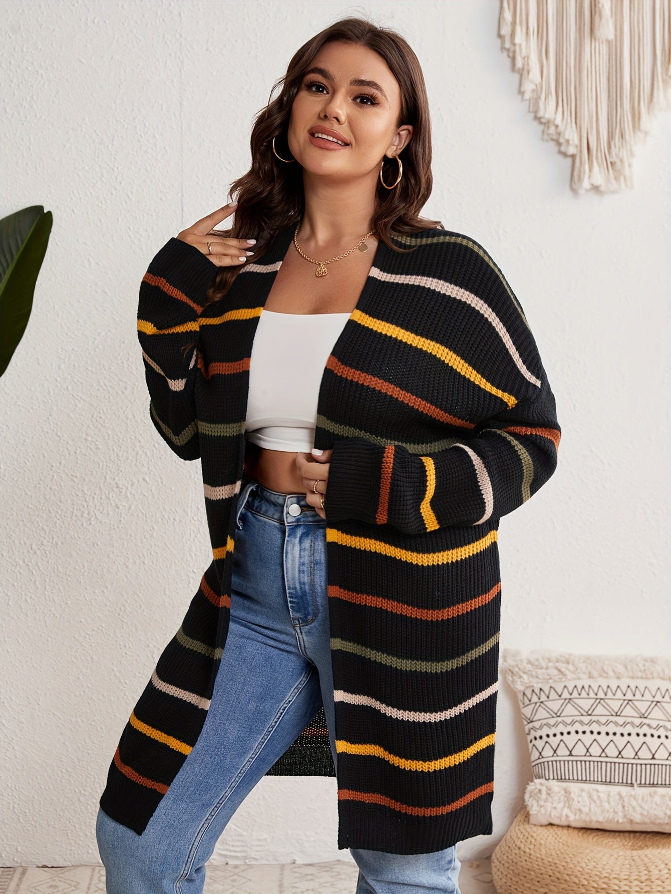  Striped Long Sleeve Open Front Cardigan