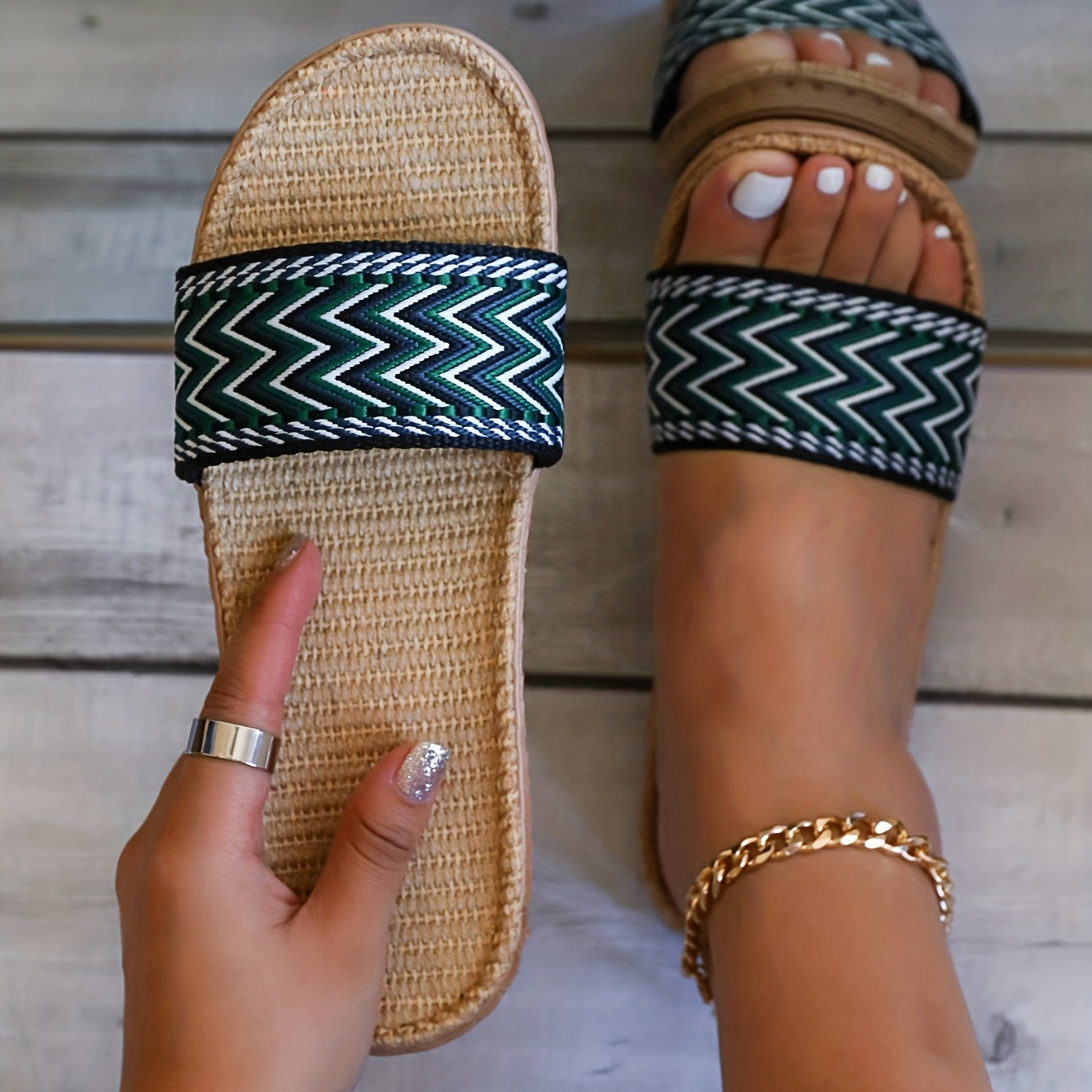 Women's Wave Striped Flat Linen Slides Open Toe Single Band Shoes