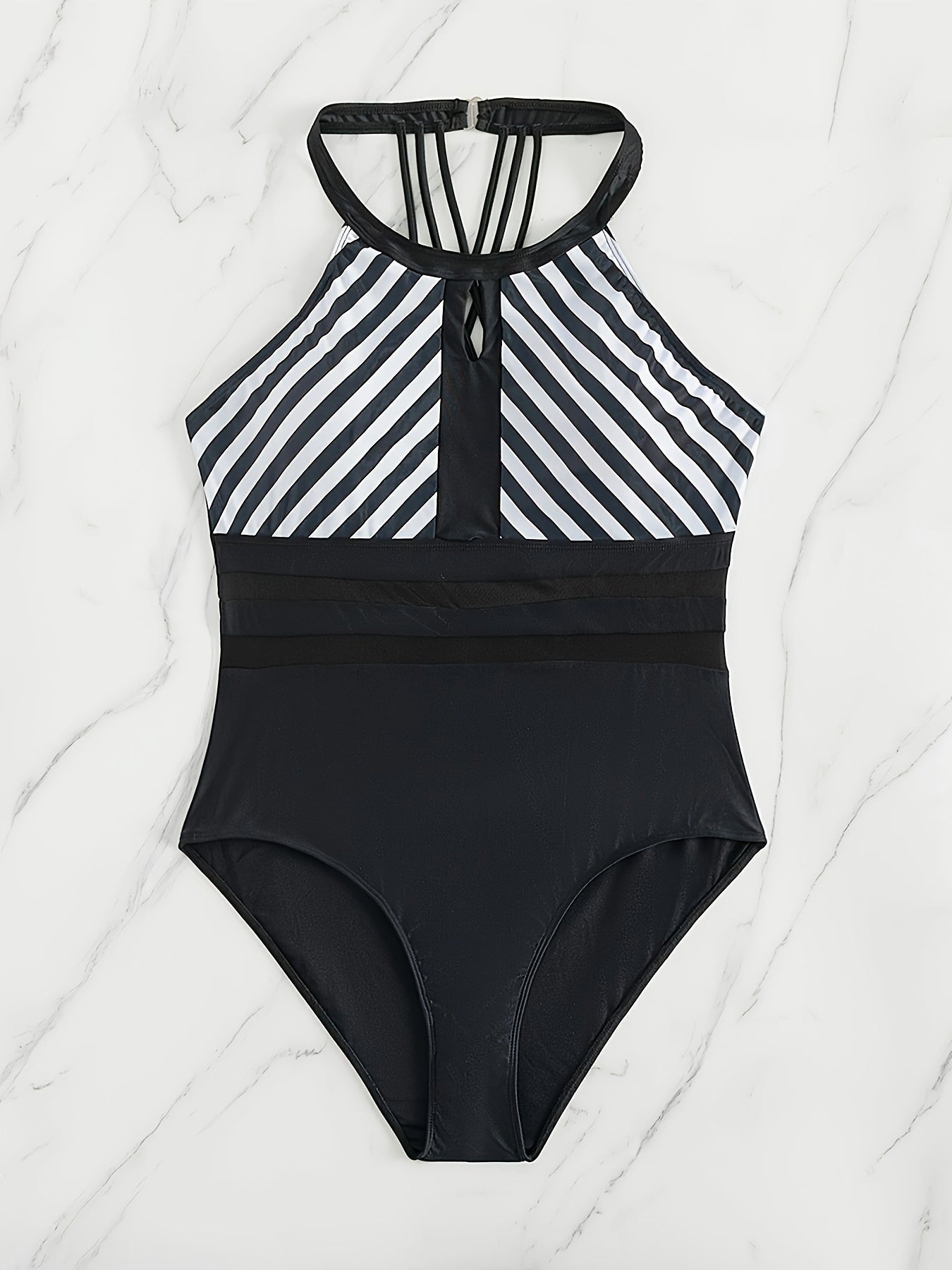  Modest Swimsuit Coloblock Stripe Print One Piece Bathing Suit