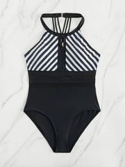  Modest Swimsuit Coloblock Stripe Print One Piece Bathing Suit