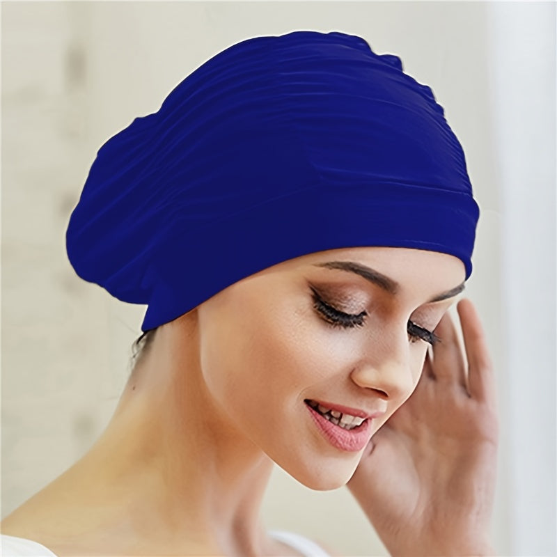 Solid Swimming Cap Pleated Shower Hat Long Hair Nylon Bathing Cap