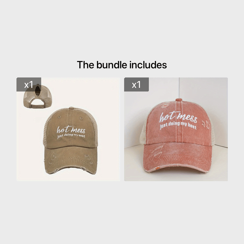 Hot Mess Embroidered Baseball Cap Washed Hole Ponytail Cap