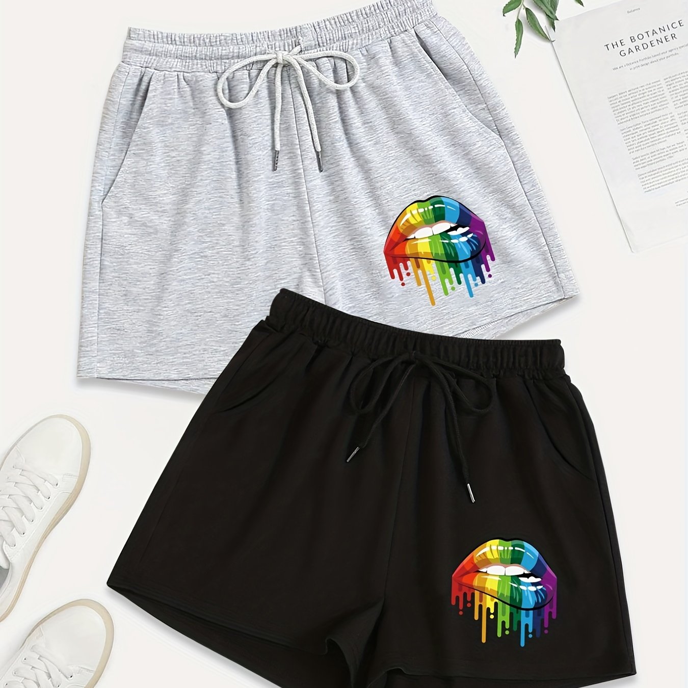 2 Pack Plus Size Rainbow Lip Print Sporty Shorts Set Women's