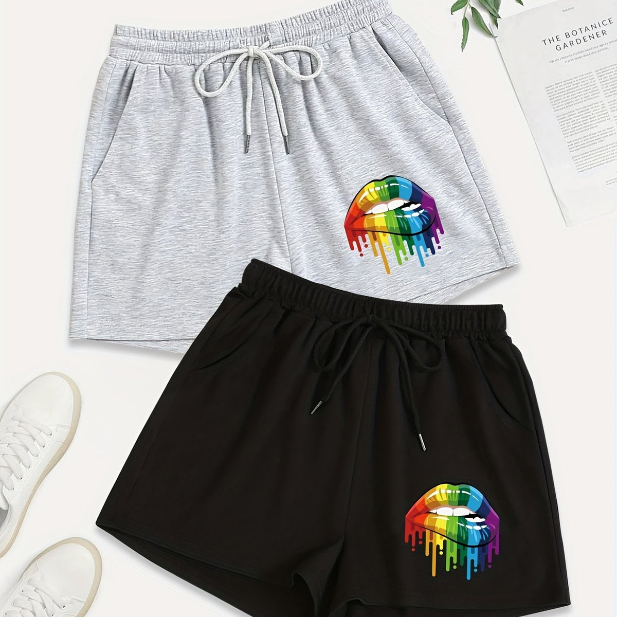2 Pack Plus Size Rainbow Lip Print Sporty Shorts Set Women's