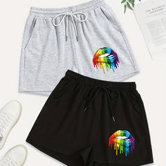 2 Pack Plus Size Rainbow Lip Print Sporty Shorts Set Women's