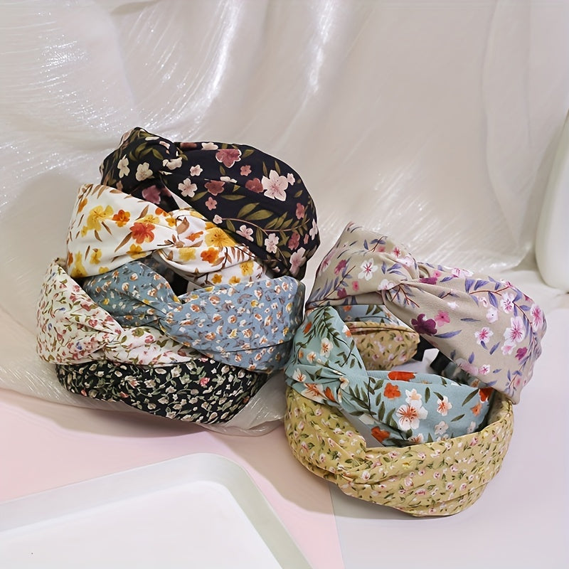 Pastoral Floral Print Headband Cross Knotted Head Hoop Wide Headdress