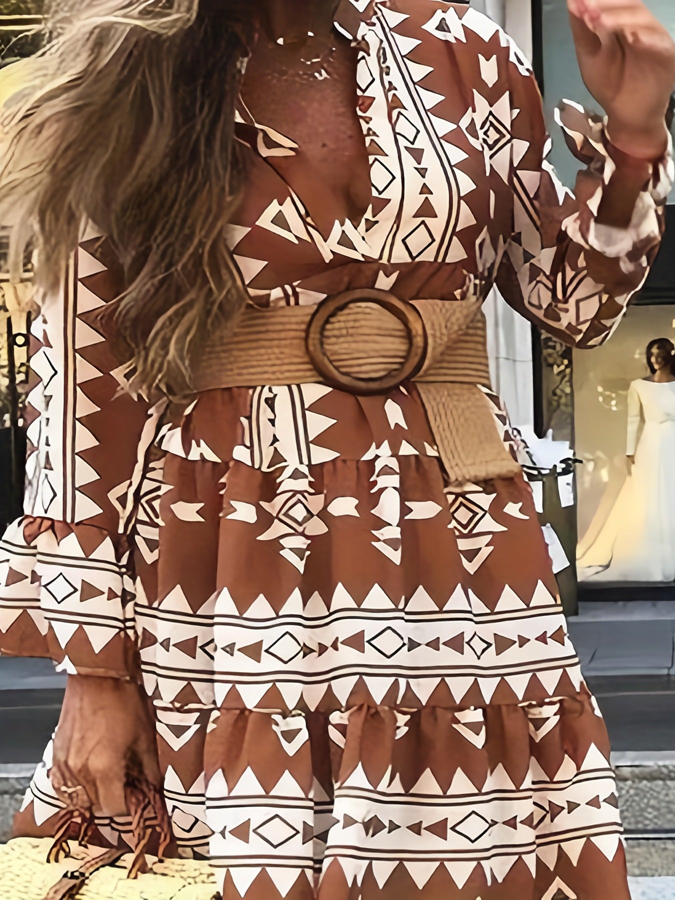  Bell Sleeve Geometric Print V Neck Smock Mini Dress