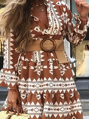  Bell Sleeve Geometric Print V Neck Smock Mini Dress
