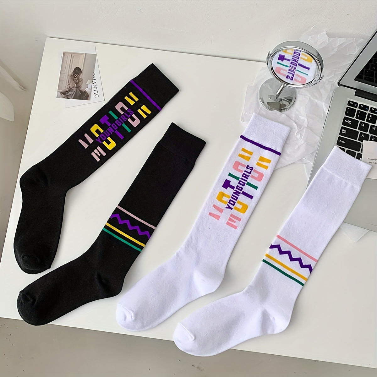 4 Pairs Letter Print Calf Socks Sports Knee High Stockings