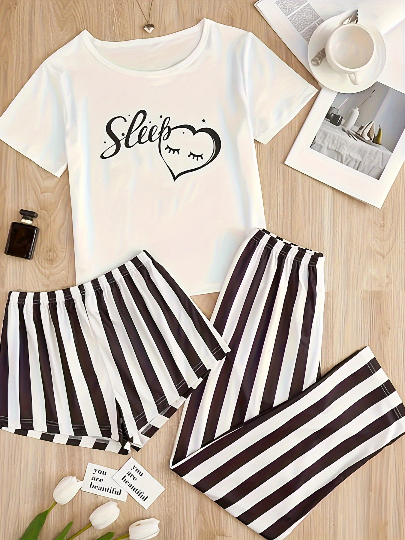  Casual Loungewear Set Women's Plus Graphic Tee & Stripe