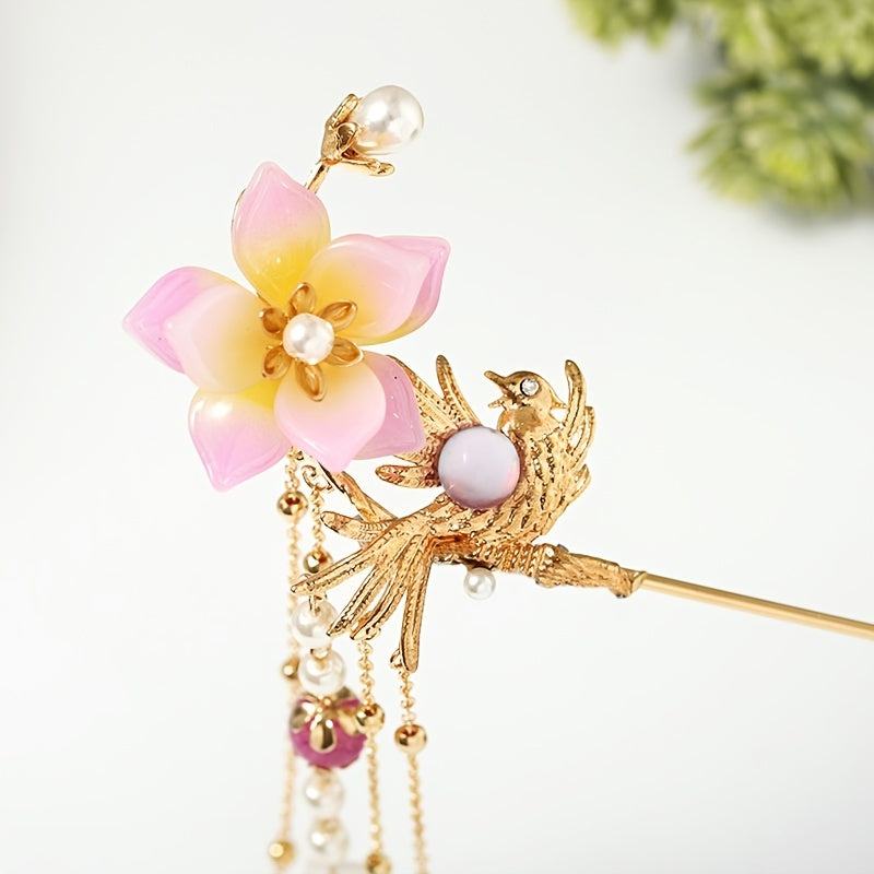 Hanfu Hairpin Faux Pearl Flower Bird Tassel Chignon Vintage Chinese Style Cheong
