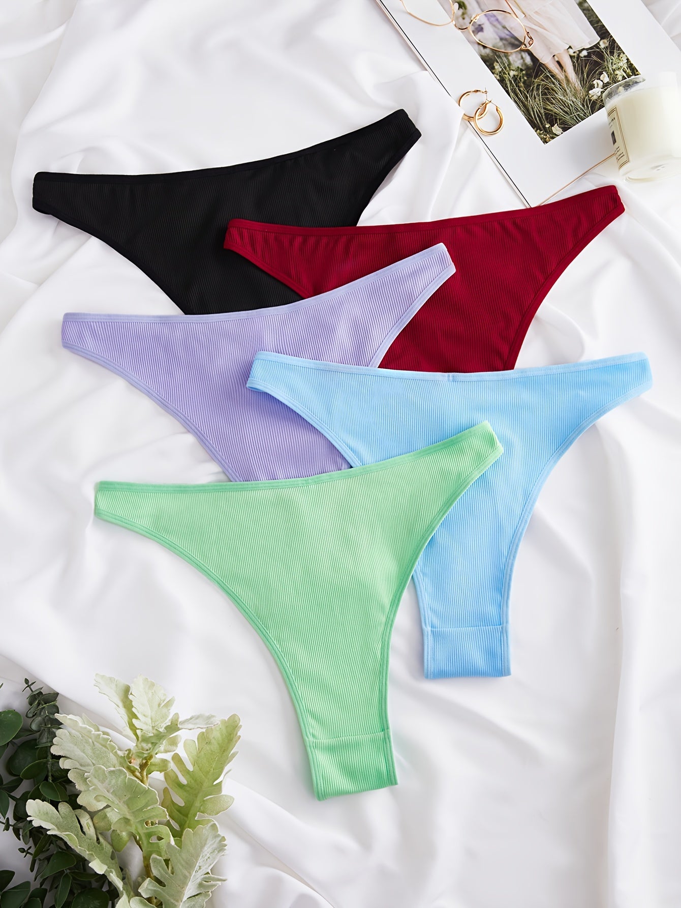 5 Pack Plus Size Sexy Panties Set Women's Plus Low Waist Ribbe