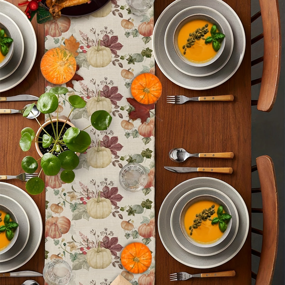Autumn Pumpkin & Maple Leaves Linen Table Runner 33.02x182.8
