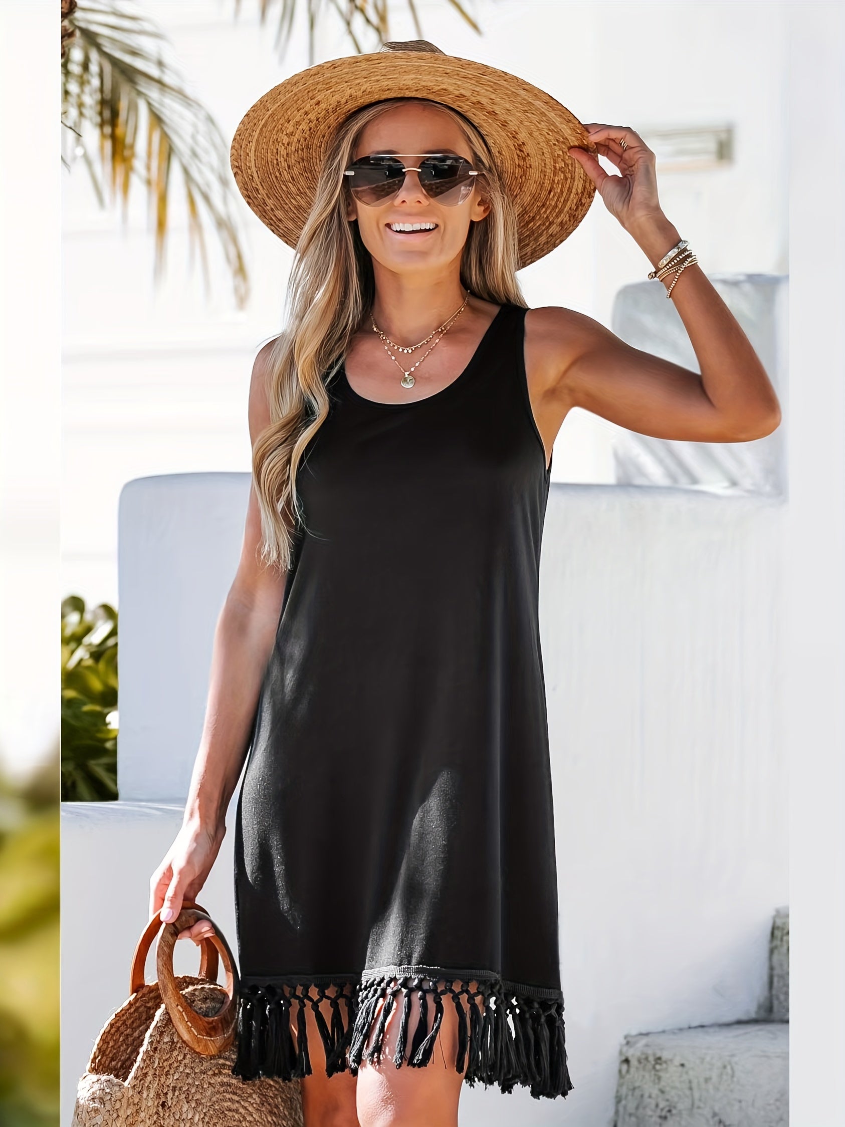 Women's Plus Solid Round Neck Fringe Trim Tank Dress