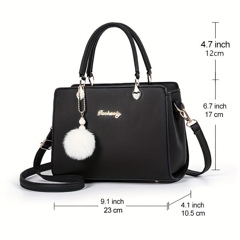 Plush Ball Decor Satchel Bag Solid Hand Bag Women's Shoulder Purse