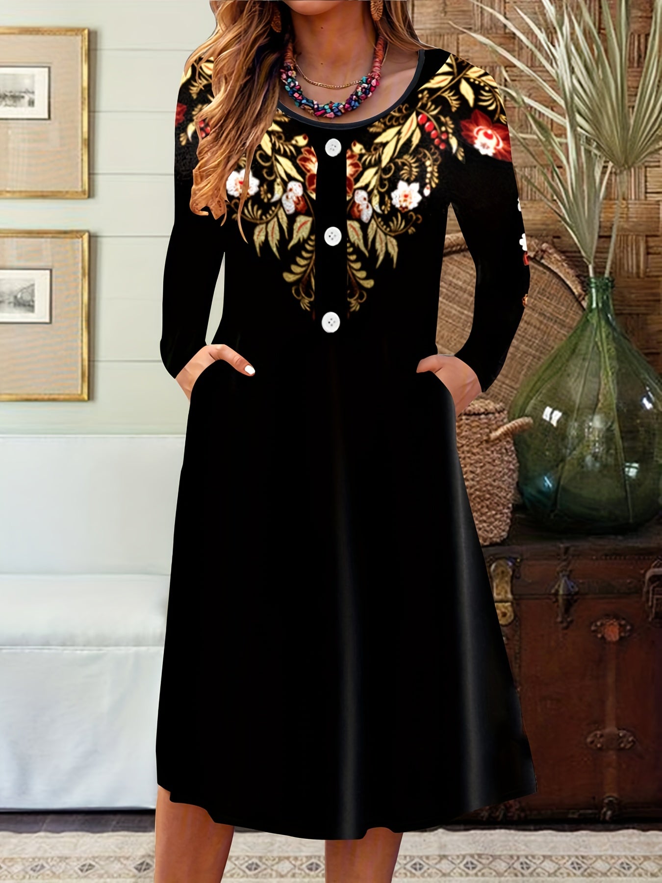 Floral Print Button Decor Long Sleeve Midi Dress