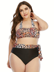  Leopard Print Belted Top & Panty Swimsuit Set