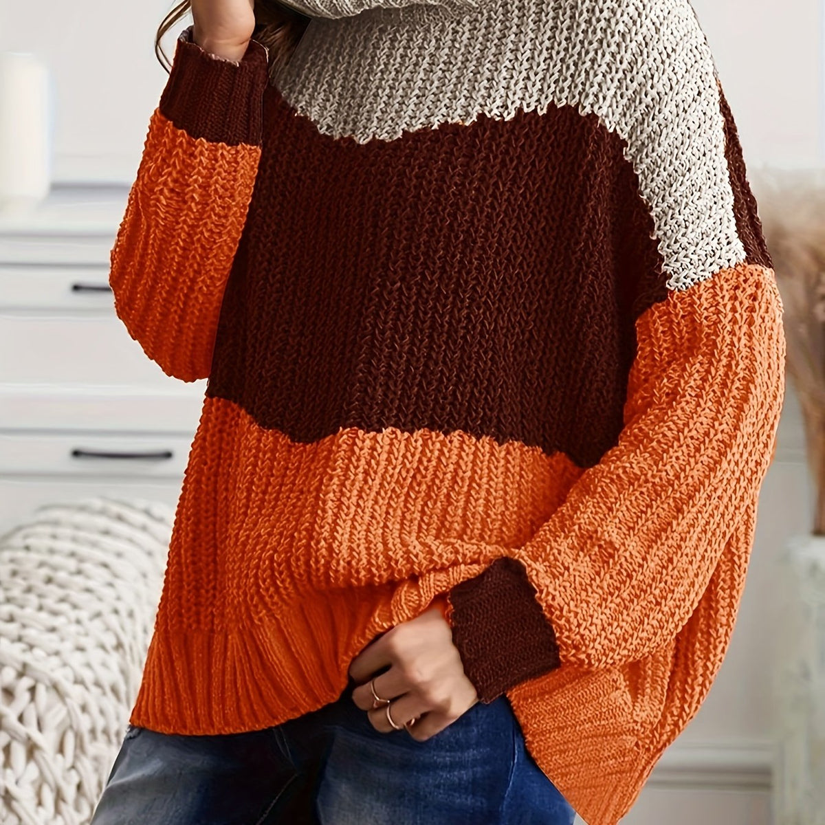  Colorblock Chunky Knit Top - High Neck Long Sleeve