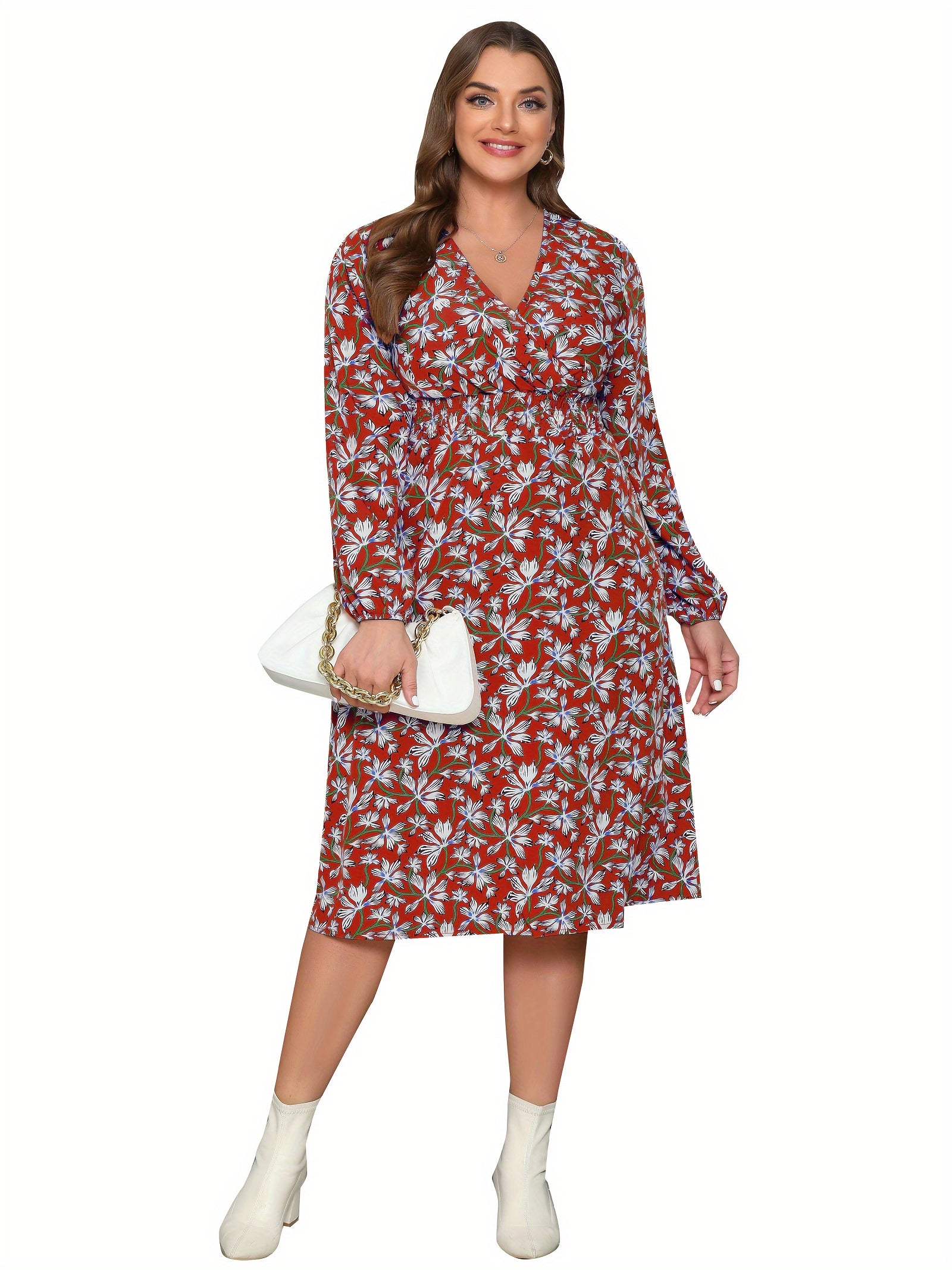  Floral Print Surplice Neck Midi Dress