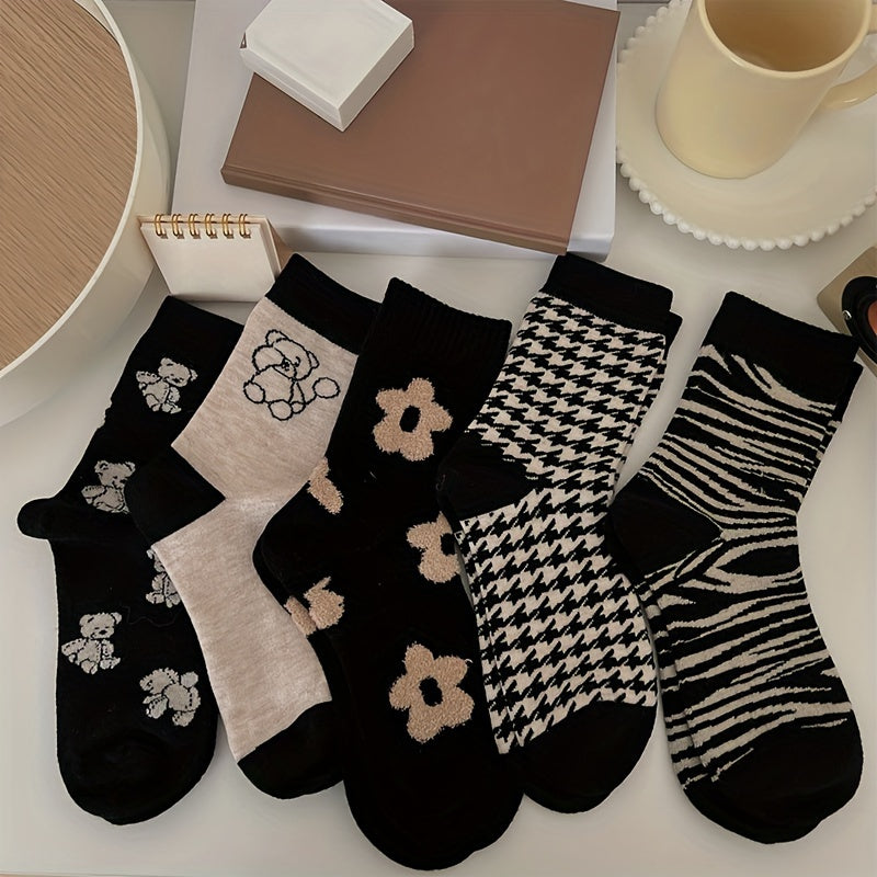 5 Pairs Bear & Floral Print Mid Tube Socks Women's Stockings