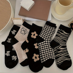 5 Pairs Bear & Floral Print Mid Tube Socks Women's Stockings