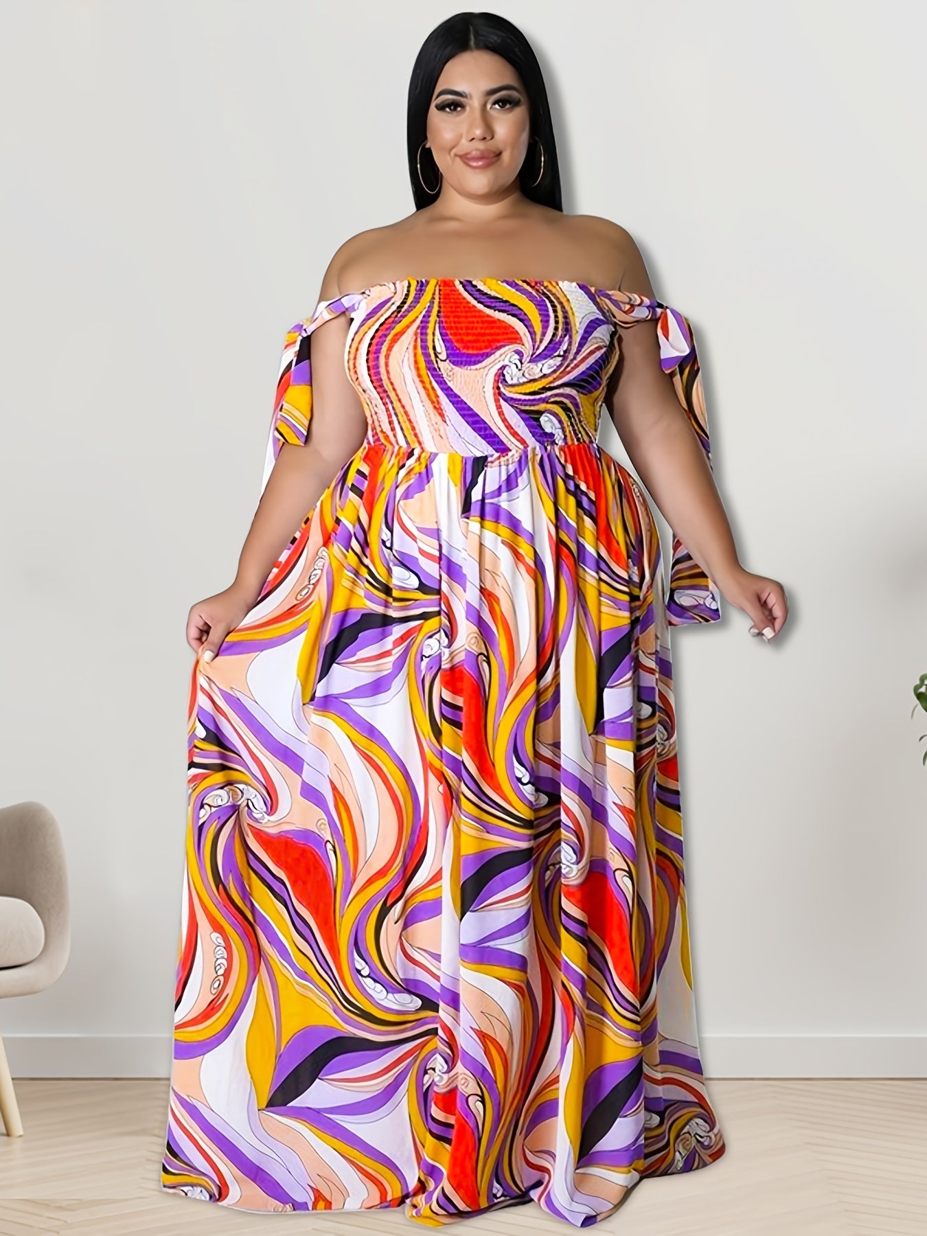  Off Shoulder Shirred Maxi Dress Women's Plus Medium Stretch